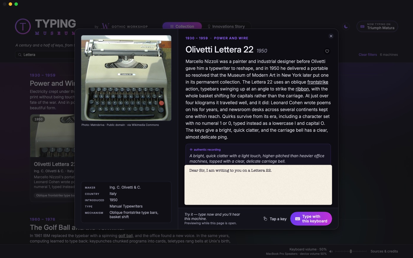 Typing Museum's page for the Olivetti Lettera 22, with its story and a typing pad
